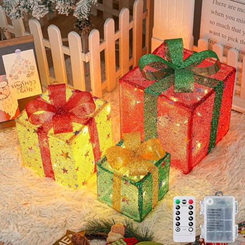 Lypumso Conjunto de 3 caixas de presente de Natal iluminadas, 50 LED caixas decorativas de Natal luzes de 8 modos com controlo remoto, estrelas caixas de presente LED para decoração natalícia, árvore