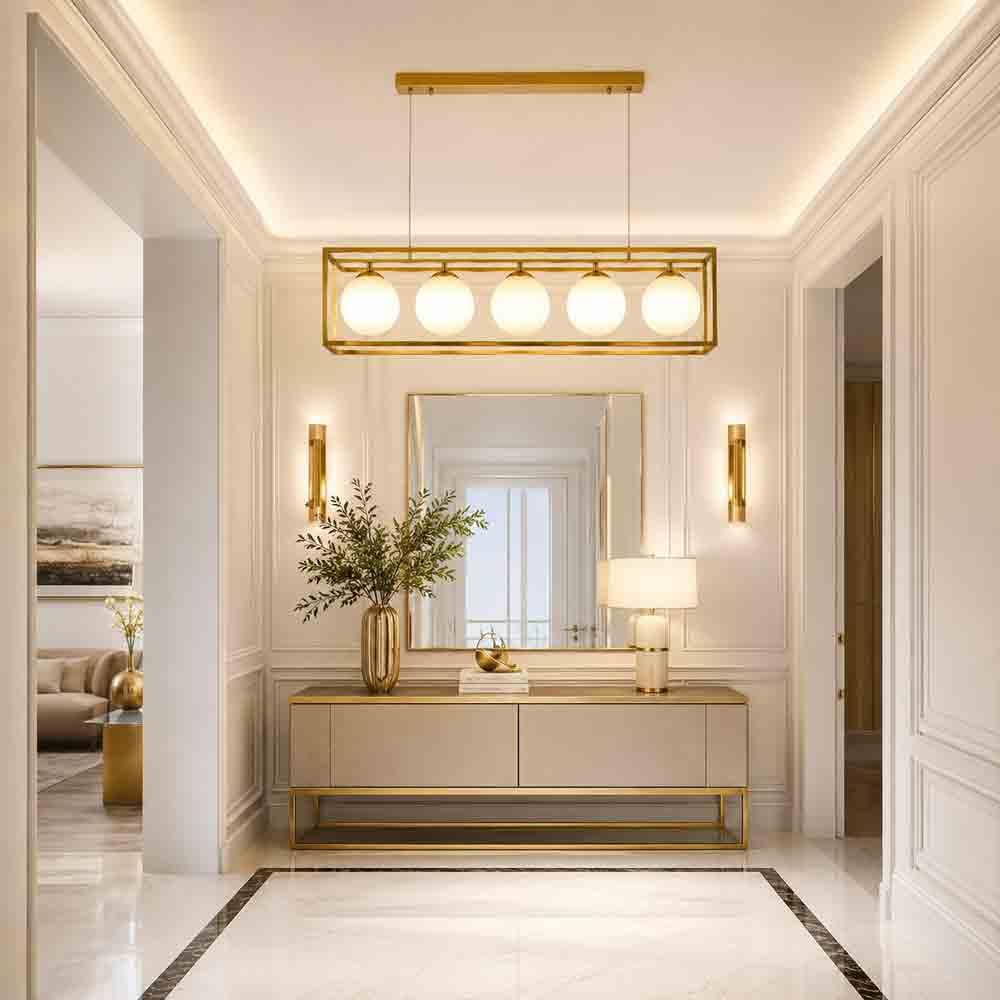 Lampadario a Sospensione Oro con 5 Sfere in polietilene Opalino