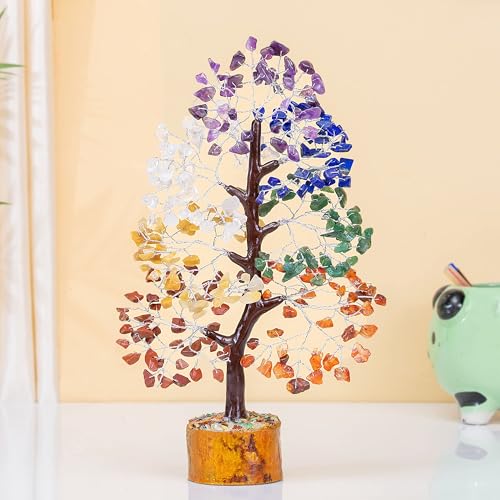 Crocon Seven Chakra Gemstone Tree Figurine Money Bonsai Good Luck Reiki Healing Crystals Showpiece Decoration Wealth Prosperity Table Room Decor Gift Size 10-12"