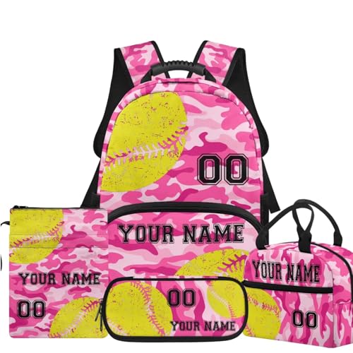 Personalized Softball Print Backpack for Girls Pink Camouflage School Bag Kids Backpack Set Daypack with Lunch Bag, Pencil Case and Book Cover