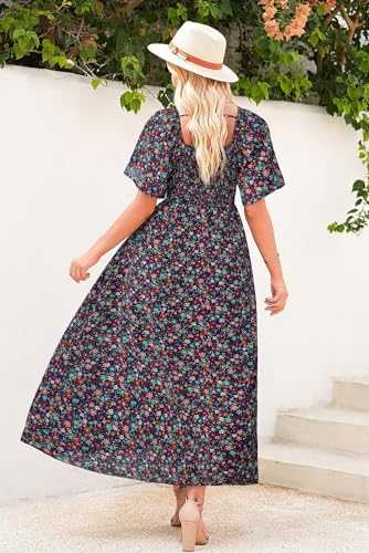 Image of Dokotoo Womens Dresses 2025 Square Neck Tie Backless Summer Dresses Cap Sleeve Floral Buttoned Empire Waist Maxi Dress
