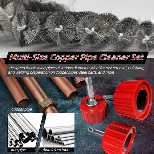 PokShow Copper Pipe Cleaner for Drill, Includes 3 Tube Cleaning Brush(1/2\",3/4\",1\") and 6 Stainless Steel Wire Bore Brushes, Copper Pipe Cleaner Set Cleans Pipes and Tubes for Soldering
