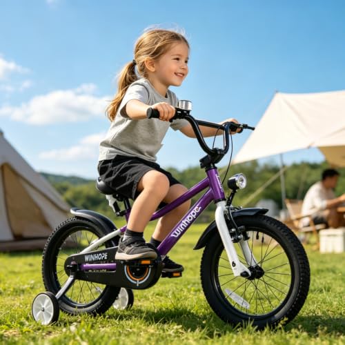 Image of WinHope Kids Bike with Headlight, 12-20 Inch Pedal Bike for 2-12 Boys Girls | Steel Frame with Training Wheels Water Bottle | Dual Brake for Summer Outdoor Riding | Birthday Gift for Toddlers