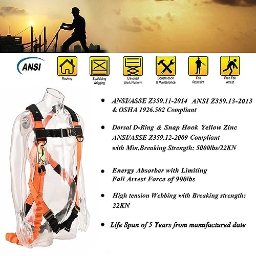 Image of 2-PACK 1D-Ring Industrial Fall Protection Safety Harness with 6-Foot Shock Absorber Stretchable Lanyard | Permanent attached Kit | ANSI Compliant Personal Fall Arrest System(PFAS)