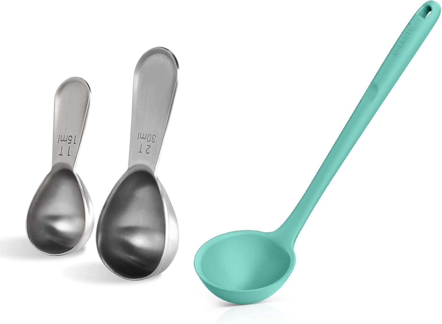 U-Taste 18/8 Stainless Steel Short Handled Coffee Scoop (Silver, 1Tbsp&2Tbsp / 15ml&30ml), U-Taste 600ºF Heat Resistant 4 oz Large Non-stick Seamless Rubber Kitchen Deep Serving Spoon (Aqua Sky)