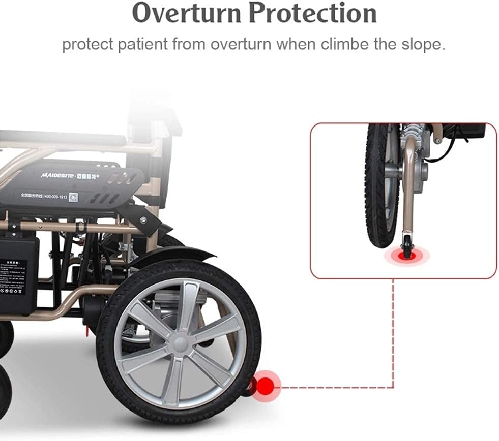 Close-up of the rear wheel and anti-tip mechanism of the electric wheelchair, illustrating the overturn protection feature.