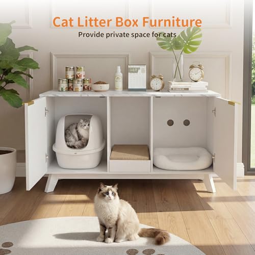 Image of Double Cat Litter Box Enclosure for 2 Cats,Fluted Hidden Litter Box Furniture with Litter Collector & Scratch Pad,47 inch Large Enclosed Cat Cabinet,Cat House for Living Room,White with Marble Top