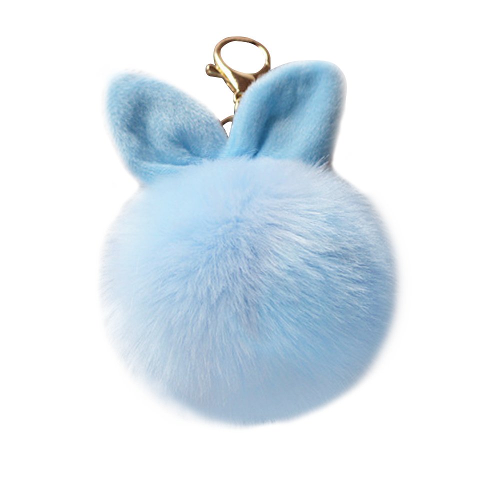 LIOOBO Cute Pom Pom Fur Ball Keychain Rabbit Ear Keyring Bag Charm Decoration (Light Blue)