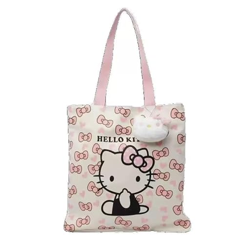 CurryFerry Cute Cartoon Kitty Tote Bag – Pink and White Kawaii Style Reusable Shoulder Bag – Adorable Lightweight Canvas Tote for Women