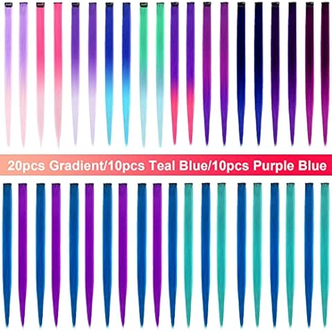 40 PCS Colored Hair Extensions, LADYAMZ Ombre Gradient Color/Teal Blue/Purple Blue Clip in Synthetic Hair Extensions Party Highlights for Girls Women Kids Doll Cosplay Party Gifts 22 inch Cover