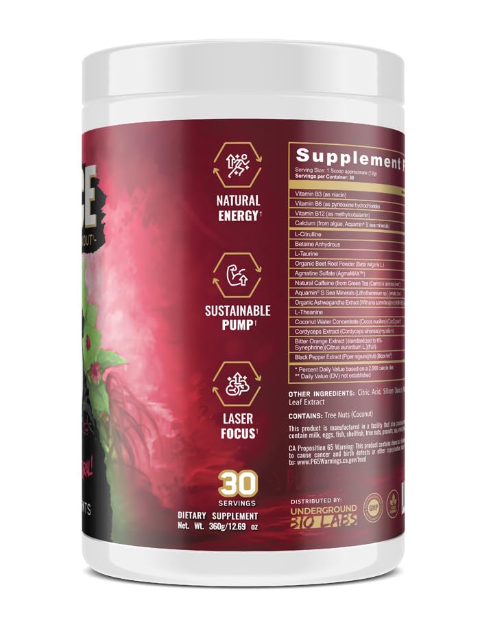 Image of Underground Bio Labs Panda Supps Fierce: Natural Pre-Workout with Zero Artificial Ingredients and 300mg Naturally Sourced Caffeine for Clean Energy and Focus (30 Servings)(Panda's Blood)
