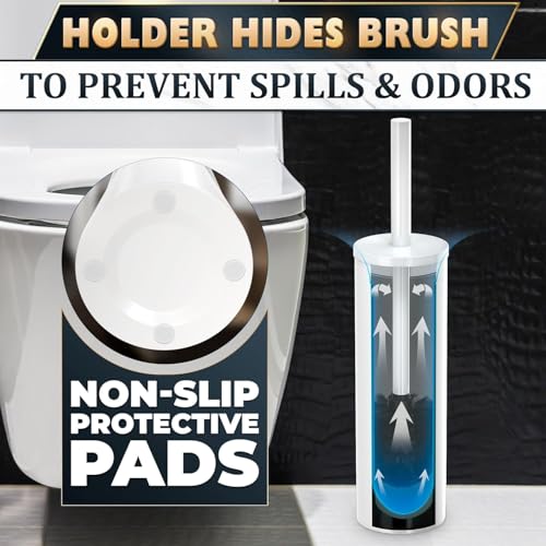 Image of Stainless Steel Toilet Brush and Holder Set White - Long Handle Toilet Bowl Cleaner Brush and Holder - Removable Inner Liner, Shiny Design, Splash Protection & Dense Bristles for Bathroom Cleaning