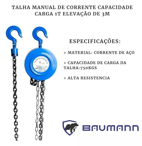 Talha Manual de Corrente, Capacidade de Carga 1 Tonelada, Elevação de 3 Metros