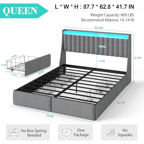 Image of Queen Size Bed Frame with Upholstered Storage Headboard and 4 Drawers