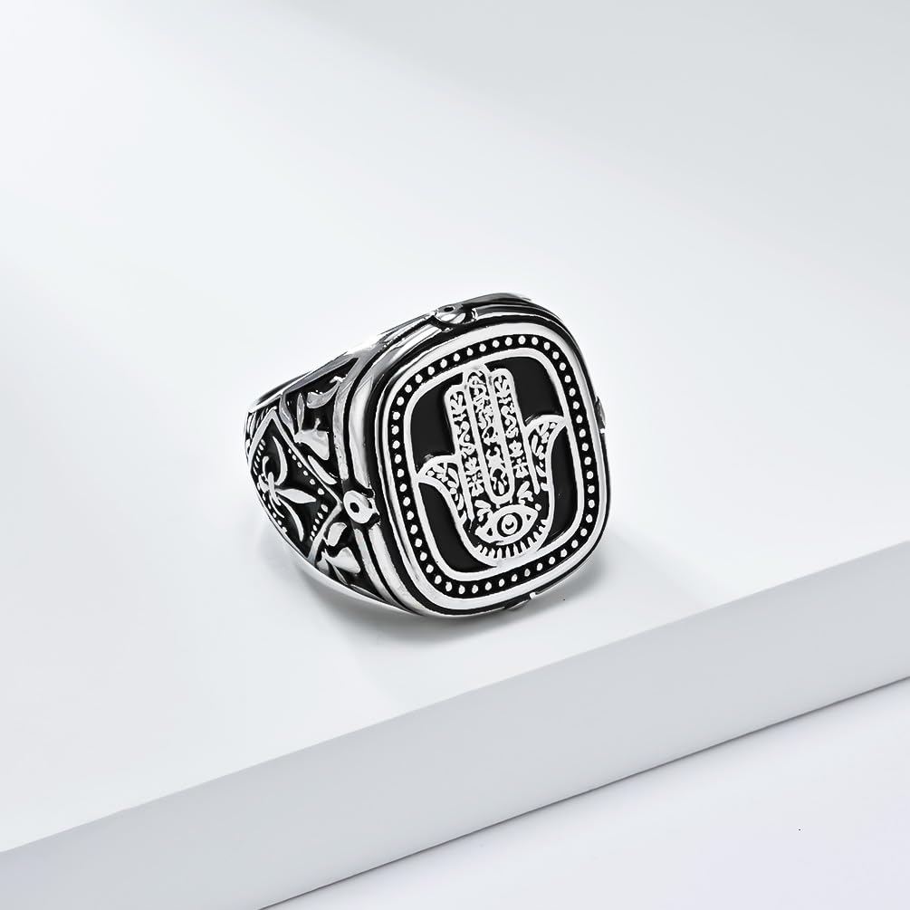 Anillo Hamsa de acero inoxidable con sello de mano de Fátima, amuleto de protección de joyería vintage para hombres y mujeres, regalo de Navidad, Acero inoxidable, Sin piedras preciosas 4