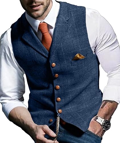 SOMTHRON Men's Suit Vest Wool Tweed Herringbone Single Breasted Slim Fit Business Formal Plaid Dress Waistcoat Groosmen