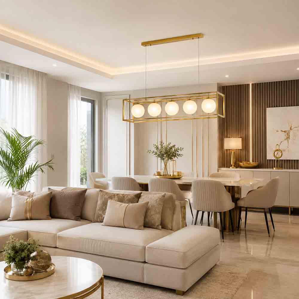 Lampadario a Sospensione Oro con 5 Sfere in polietilene Opalino