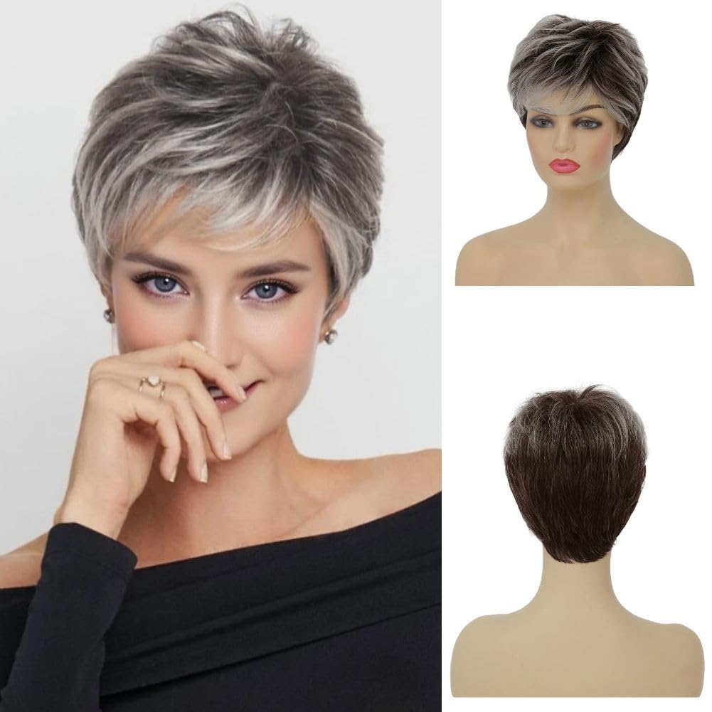 Siudus Short Grey Wig for Women Pixie Cut Wigs Layered Synthetic Hair Wig Daily Costume Wigs(Grey Brown)
