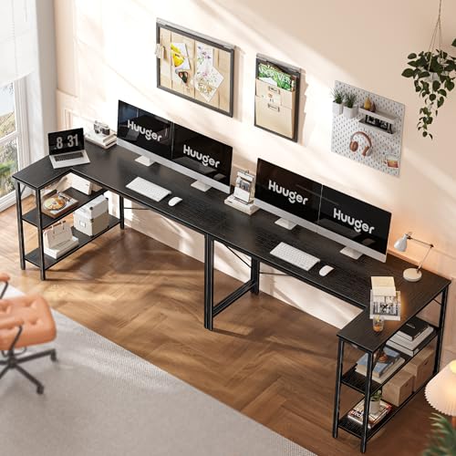 Huuger L Shaped Desk, 55 Inches Computer Desk with Reversible Storage Shelves, for Gaming Corner Home Office Writing Study, Metal Frame, Black