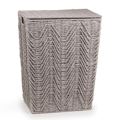 woodluv Laundry Basket with Lid Woven Storage Basket Laundry Hamper Bin Storage Organiser Washing Basket for Dirty Clothes Bathroom Medium - Grey