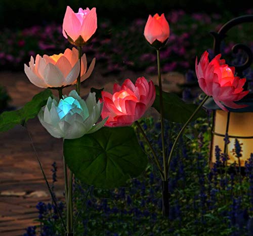 Solar Flower Lights Outdoor Garden, 2 Pack Solar Lights for Christmas Garden Decor, 7 Color Changing Solar Pathway Lights with 4 Lutos Flowers Solar Lights