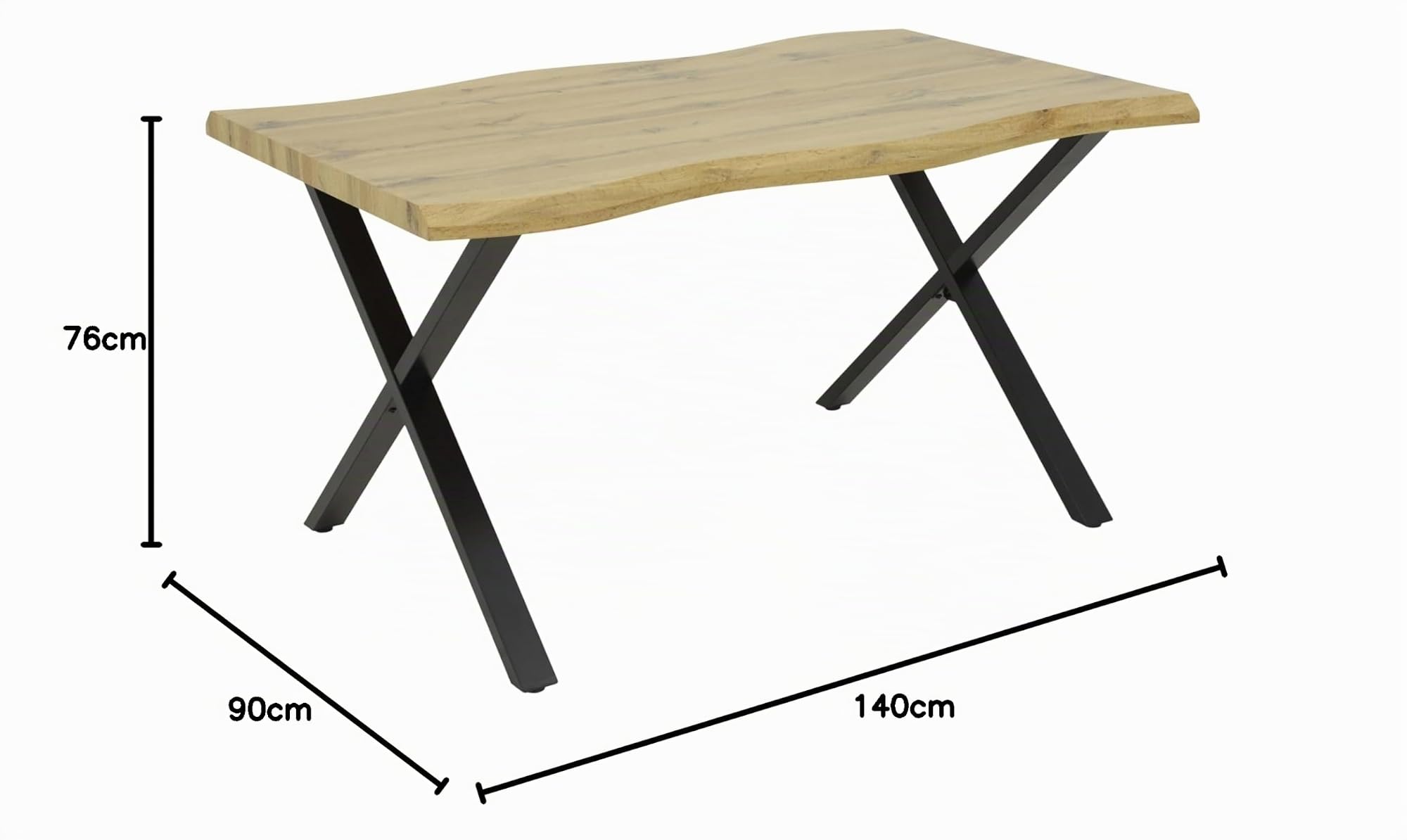 Hela Tische, Esstisch Gerda, Tischplatte 46mm Baumkantenoptik in Wildeiche, X-Gestell Metall Schwarz, 140x90cm