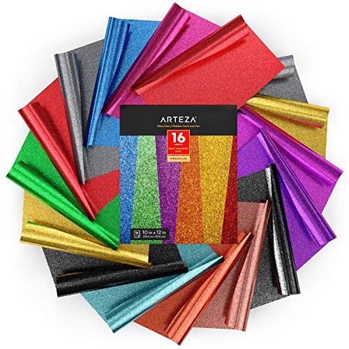 Arteza Glitter Heat Transfer Vinyl, 16 Iron On Vinyl Sheets, 10x12 Inches, Assorted Colors, Flexible & Easy to Weed, Use wolors, Flexible & Easy to Weed, Use with Any Craft Cutting Machine, Boxed