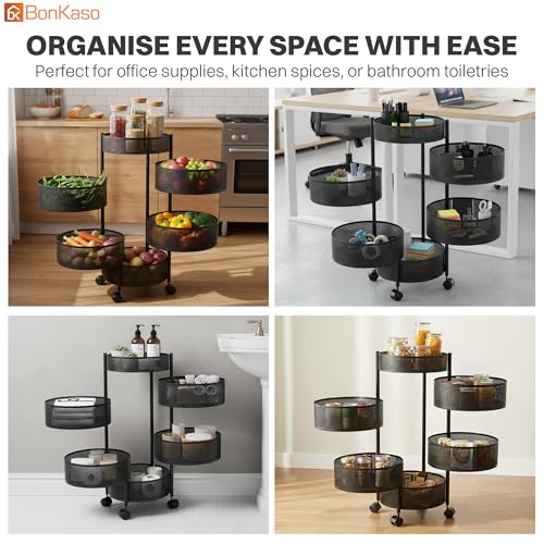 Image of BonKaso 6-Layer Round Multipurpose Kitchen Trolley with Swivel Storage Basket & 360 Rotating Wheels, Black Steel Frame, Easy Mobility, Space-Saving and Durable
