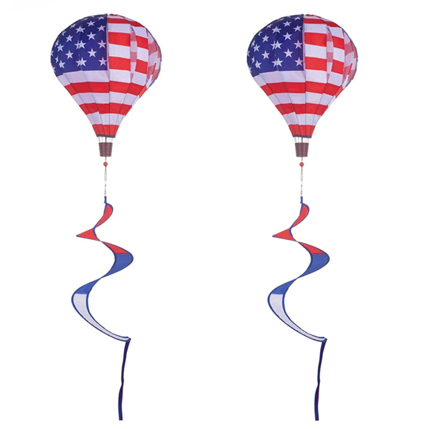 2 Pack American Flag Deluxe Hot Air Balloon Patriotic Everyday Wind Twister Garden Windmills Spinners Decoration 59" L for Outdoors, Lawn, Yard, Ornament Decor, Patriotic Wind Catchers
