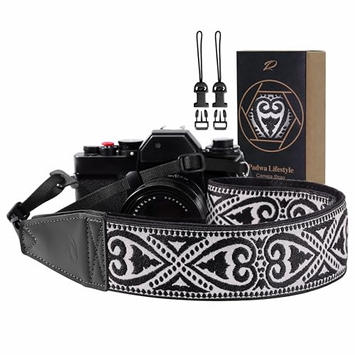 Image of Padwa Lifestyle Camera Strap - 2 inch Full Grain Leather Ends Camera Straps for Photographers, Vintage Silver Embroidered Cotton Weave Soft Suede Fabric Padded Strap Quick Release fits All Cameras
