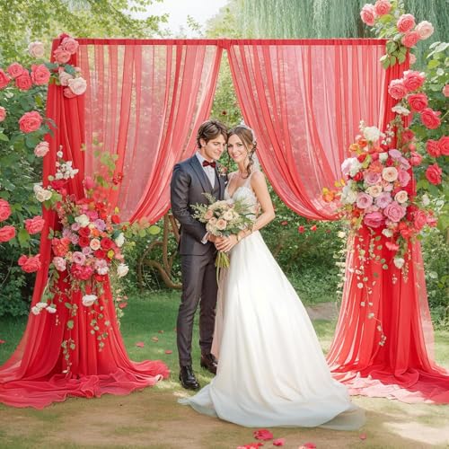 Image of White Net Backdrop Curtain Set for Decoration, 2 Pieces, 8 x 5 feet, for Wedding, Birthday, Anniversary, Engagement (RED)