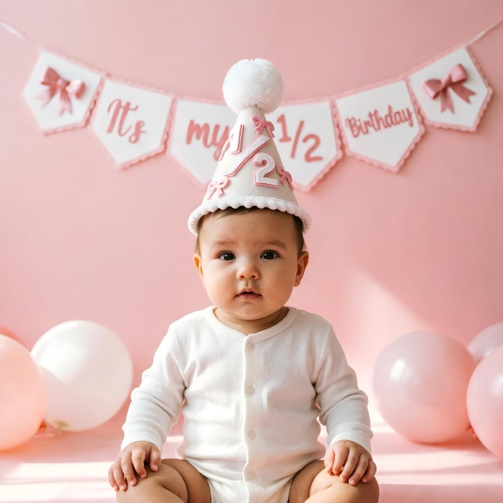 RETWOT 1/2 Birthday Hat & Banner Set - Soft Felt Half Birthday Party Decorations for Baby Girl/Boy - Complete Photo Prop Kit for 6 Month Celebration (Pink/White)