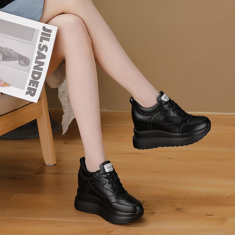 Image of Platform Sneakers for Women High Hidden Heel Wedge Sneakers Fashion Leather Chunky Lace up Wedge Tennis Shoes Increasing 3.94 inch