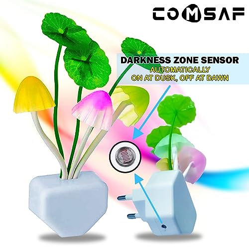 Image of ComSaf Plug in Wall Led Mushroom Night Light Lamp with Dusk to Dawn Sensor,Auto On /Off Cute Color Changing Bed Nightlight Led Wall Light - Dim Night Light for Bedroom [Pack of 1] - Plastic,Multicolor