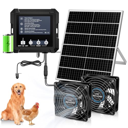Chtoocy 25W Smart Solar Fan for Chicken Coop w Battery, Greenhouse Solar Powered Fan w 3 Modes, IP65 Waterproof Solar Exhaust Fan for Dog House Vent Shed Garage Cooling