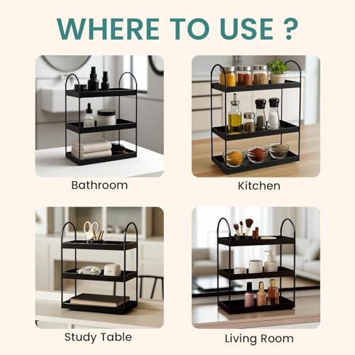 Image of Amazon Brand - Umi 3 Tier Curved Metal Vanity Organizer - 45cm Tall Countertop Storage Rack for Bathroom, Dressing Table & Desk | Powder Coated Rust-Resist Iron (Black)