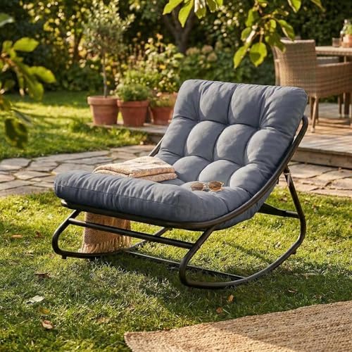 GarveeLife Papasan Rocking Chair, Indoor Outdoor Metal Patio Rocker with Comfy Cushion, 300+ lb Capacity, Waterproof Machine-Washable Cushion Cover, f
