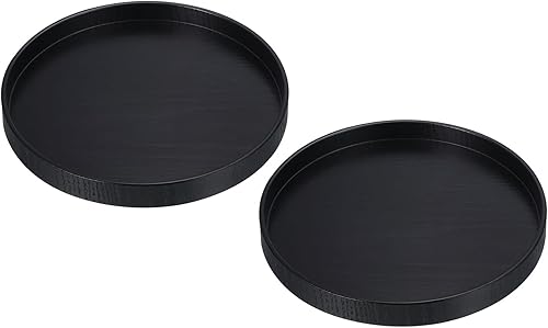 Miniatura 10 de PATIKIL Bandeja de madera para servir de 10 pulgadas, paquete de 2 bandejas decorativas redondas para decoración del hogar, portavelas de mesa de