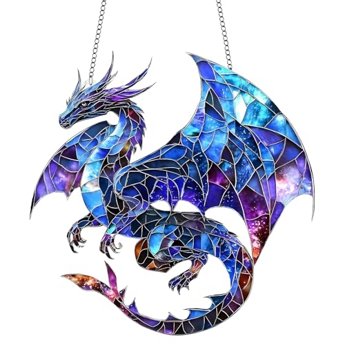 Dragon Dreamcatcher Suncatcher, Mystical Dragon Acrylic Ornament Stained Glass Effect Window Hanging Colourful Fantasy Sun Catchers for Indoor Outdoor Windows Garden Home Decor（Blue）