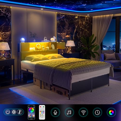 Unikito Full Bed Frame with Storage and Charging Station - Upholstered Headboard, Metal Platform, Noise-Free, Black