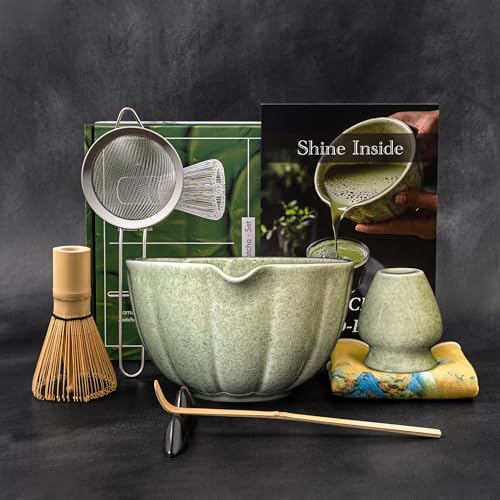 Green Matcha Whisk Set – 7 Pcs Japanese Matcha Kit, Bowl (Chawan) with Spout, Bamboo Whisk (Chasen) & Holder, Scoop (Chashaku), Sifter, Tea Towel – Perfect for Matcha Lovers & Tea Ceremony