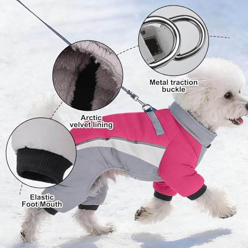 Hunde Wintermantel Winter-Schneeanzug mit Geschirr, Warmer Fleece-Hunde-Schneeanzug mit Integriertem Geschirr, wasserdicht, Winddicht, Welpenpuffer mit 4 Beinen, Rollkragen, kaltes Wetter