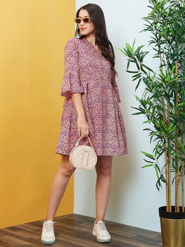 Image of Globus Women Red Allover Ethnic Motifs Print Mandarin Collar A-Line Dress-3640070001