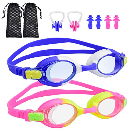 BROTOU Swim Goggles, Pack of 2 Kids Swimming Goggles No Leaking Anti Fog Swim Goggles for Children Boys Girls and Early Teens from age 3 to 12 (Blue&Pink)