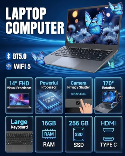Image of Laptop Computer - 14 Inch Laptops, Pentium 6500Y Processor (Up to 3.4GHz), 16GB RAM 256GB SSD, FHD IPS Display, Traditional Laptop Computer for Student, Business, HDMI, Type C, 38Wh Battery