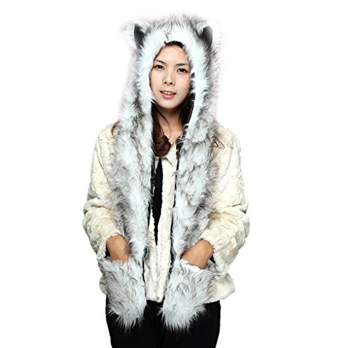 Winter Animal Hat Faux Fur Hooded Scarf Cute Furry Ears Paw Gloves Pocket Hoodie Beanie Cap Party Costume for Women Girls2