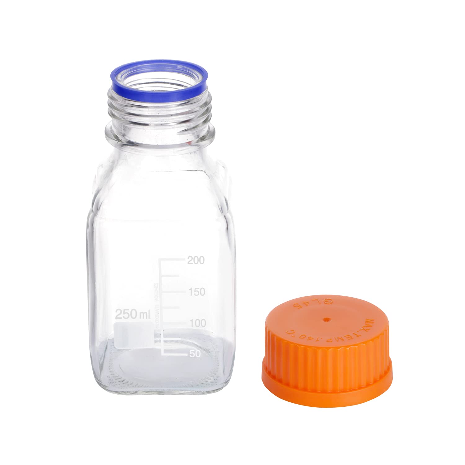 Moonetto Pyrex - Botella de vidrio graduada cuadrada para medios/almacenamiento con tapa de rosca de polipropileno naranja GL45 (250 ml)