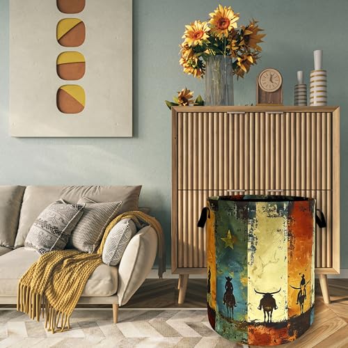 Image of Western Cowboy Laundry Basket Oxford Cloth Hamper 18.9x16.5 Inch | Foldable With Handle Tote Bag Colorful Laundry Hamper Clothes Storage Bucket Toy Organizer For Bathroom /Laundry /Bedroom