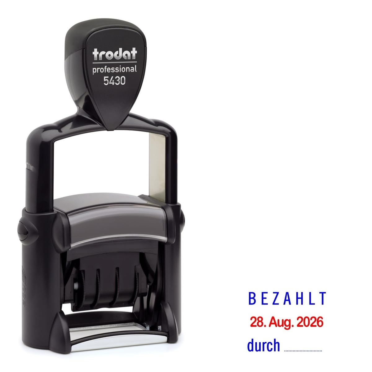 Trodat Professional Dater 5430 Datumstempel mit 2farbigem Kissen blau/rot + Wunschtext, Stempeltext:B E Z A H L T