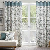 Fusion Duck Egg Blue Leaf Eyelet Curtains 66 x 72 Inches (168 x 183 cm) – 100% Cotton – 2 Panels – Floral Print Drapes for Bedroom and Living Room – Beechwood Collection – Lined Curtain Set